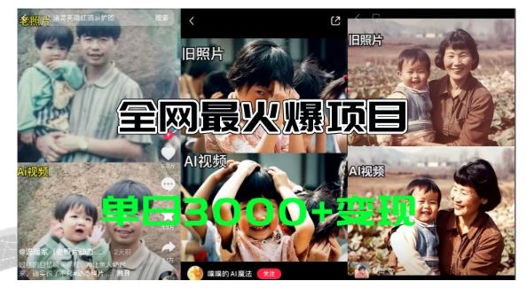 全网爆火的AI让老照片动起来教程，蹭热点日赚3k+，内含免费工具一键可生成【揭秘】-他山创业网