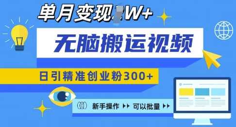 无脑搬运视频号可批量复制，新手即可操作，日引精准创业粉300+，月变现过W 【揭秘】-他山创业网